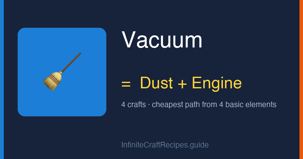 How to make Vacuum in Infinite Craft: combine Dust and Engine, 4 crafts total from the four basic elements.